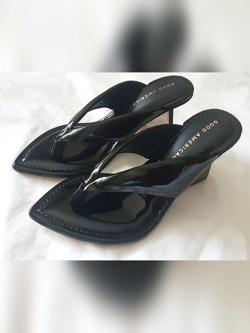 JUST LISTED 8/31 Good American Black Patent Wedge Thong Sandals Heels